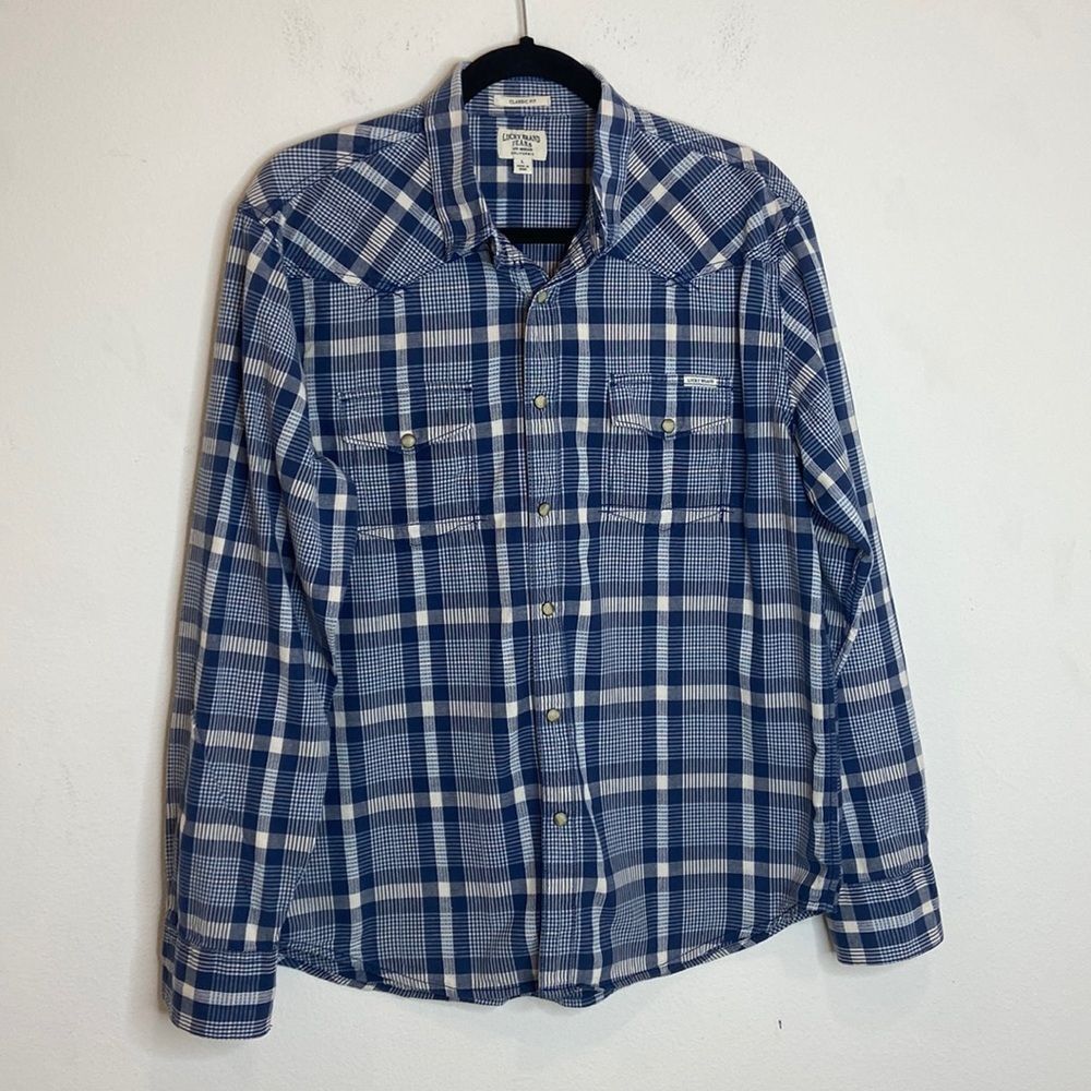 Lucky Brand Jeans Pearl Snap Blue Plaid Western Long Sleeve Shirt, Size-L